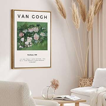 SIGNLEADER Framed Canvas Print Wall Art Van Gogh Pink Roses 1890 Decorative Brushstroke Illustrations Fine Art Colorful Multicolor Warm for Living Room, Bedroom, Office - 16"x24" Natural