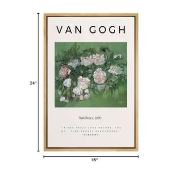 SIGNLEADER Framed Canvas Print Wall Art Van Gogh Pink Roses 1890 Decorative Brushstroke Illustrations Fine Art Colorful Multicolor Warm for Living Room, Bedroom, Office - 16"x24" Natural