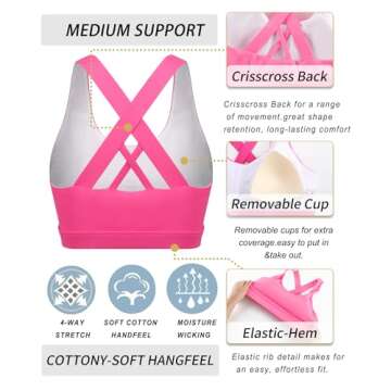 RUNNING GIRL Sports Bra for Women, Criss-Cross Back Padded Strappy Sports Bras Medium Support Yoga Bra with Removable Cups(2353 Brilliant Pink_L)