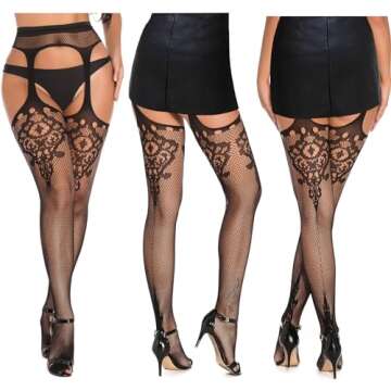 SOUTHRO 5 Pairs Black Thigh High Stockings Patterned Tights-Fishnet/Net,Garter Belts Set & Suspender Pantyhose for Women