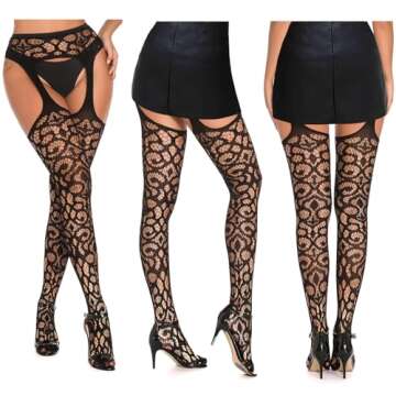 SOUTHRO 5 Pairs Black Thigh High Stockings Patterned Tights-Fishnet/Net,Garter Belts Set & Suspender Pantyhose for Women