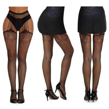 SOUTHRO 5 Pairs Black Thigh High Stockings Patterned Tights-Fishnet/Net,Garter Belts Set & Suspender Pantyhose for Women