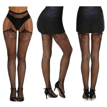 SOUTHRO 5 Pairs Black Thigh High Stockings Patterned Tights-Fishnet/Net,Garter Belts Set & Suspender Pantyhose for Women