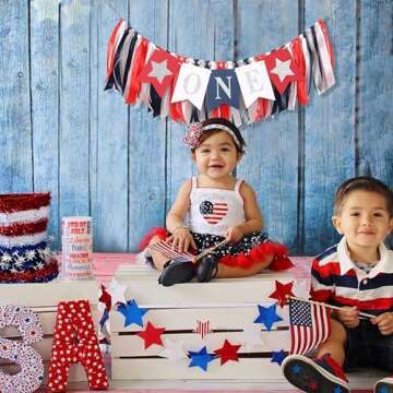 HIKLO Red White Blue Patriotic 1st Birthday Highchair Banner - Independence Day ONE Highchair Banner for Boy’s First Birthday,I am One Birthday Party Decoration,One Year Old Boy Birthday Photo Props,4th of July Patriotic Highchair Banner