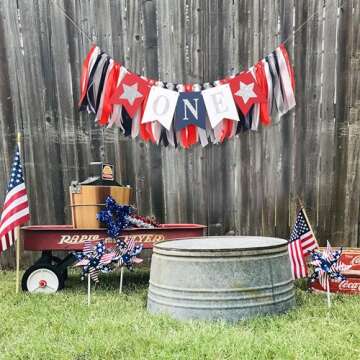 HIKLO Red White Blue Patriotic 1st Birthday Highchair Banner - Independence Day ONE Highchair Banner for Boy’s First Birthday,I am One Birthday Party Decoration,One Year Old Boy Birthday Photo Props,4th of July Patriotic Highchair Banner