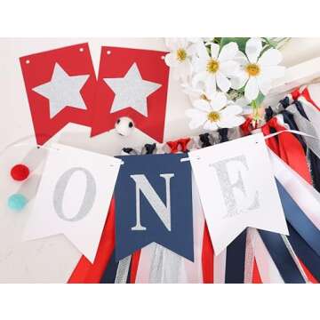 HIKLO Red White Blue Patriotic 1st Birthday Highchair Banner - Independence Day ONE Highchair Banner for Boy’s First Birthday,I am One Birthday Party Decoration,One Year Old Boy Birthday Photo Props,4th of July Patriotic Highchair Banner