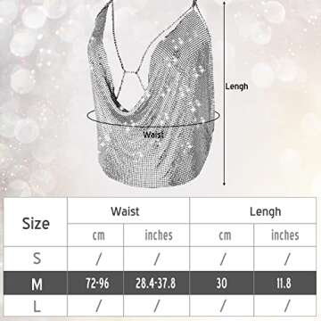 SATINIOR Shiny Tank Top for Women Crystal Body Neck Chain Sequin Tops with Nipple Pasties Double Sided Tape Party(Silver)