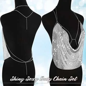 SATINIOR Shiny Tank Top for Women Crystal Body Neck Chain Sequin Tops with Nipple Pasties Double Sided Tape Party(Silver)