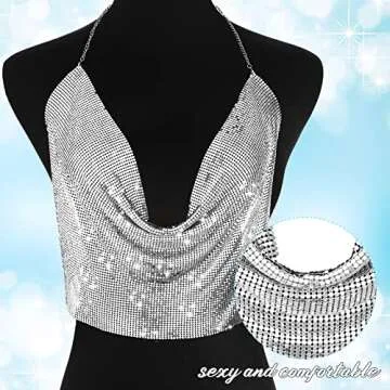 SATINIOR Shiny Tank Top for Women Crystal Body Neck Chain Sequin Tops with Nipple Pasties Double Sided Tape Party(Silver)