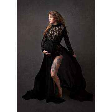 ZIUMUDY Long Sleeve Lace See-Through Maternity Gown for Photography with Maxi Chiffon Skirt Photo Shoot Dress (Black, X-Large)