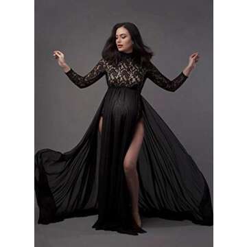 ZIUMUDY Long Sleeve Lace See-Through Maternity Gown for Photography with Maxi Chiffon Skirt Photo Shoot Dress (Black, X-Large)