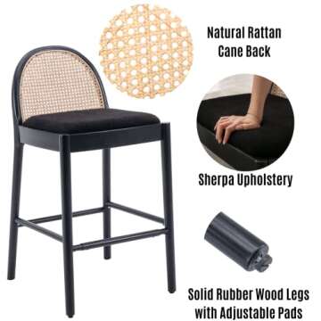 LukeAlon Modern Sherpa Bar Stools Set of 4, 29" Seat Height Tall Bar Chairs with Wooden Legs Natural Rattan Cane Back Bar Height Counter Stools with Footrest for Home Pub Kitchen, Black