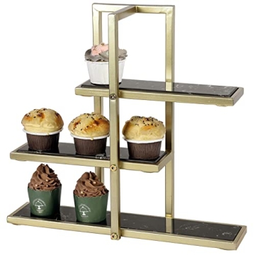 MyGift 3 Tier Modern Black Marble Serving Stand - Elegant Dessert Holder with Gold Frame