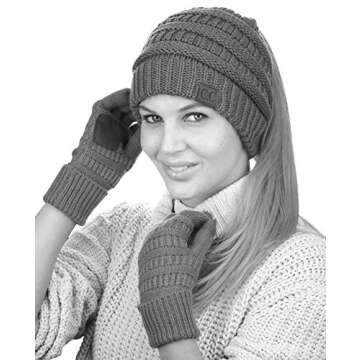 C.C BeanieTail Messy High Bun Cable Knit Beanie and Anti-Slip Touchscreen Gloves Set, Dark Melange G...