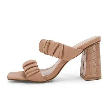 Coutgo Womens Ruched Slides Block Heeled Sandals for Summer