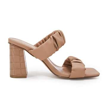 Coutgo Womens Ruched Slides Block Heeled Sandals for Summer