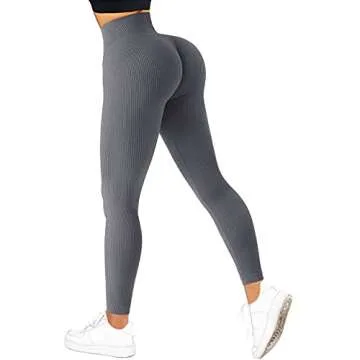 SUUKSESS Women Ribbed Seamless Leggings High Waisted Tummy Control Workout Yoga Pants (Grey, XL)