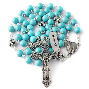 HanlinCC Turquoise Beads Catholic Rosary Necklace | Luxury Gift Box Included