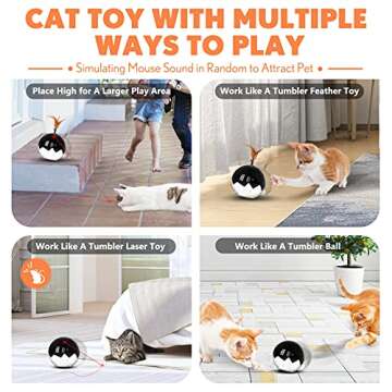 2021 Newest Cat Laser Toy,3 in 1 Interactive Tumbler Ball,Laser and Feather Toys for Pet Automatic Kitten Chaser Toy Indoor,Electronic Real Mice Sound,3 Speeds,3 Timers,Irregular Circle,Rechargeable