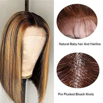 Royal Lady Glueless 4/27 Highlight Bob Human Hair Wigs Brazilian Straight 4×1 T Part Lace Closure Short Bob Wigs For Black Women Ombre Honey Blonde Colored Pre Plucked with Baby Hair (10inch)