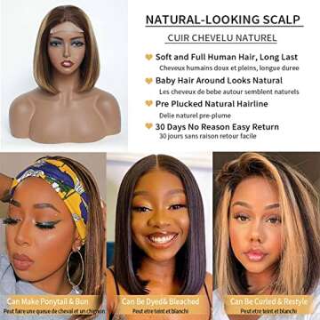 Royal Lady Glueless 4/27 Highlight Bob Human Hair Wigs Brazilian Straight 4×1 T Part Lace Closure Short Bob Wigs For Black Women Ombre Honey Blonde Colored Pre Plucked with Baby Hair (10inch)