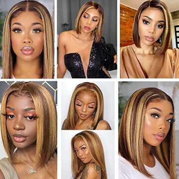 Royal Lady Glueless 4/27 Highlight Bob Human Hair Wigs Brazilian Straight 4×1 T Part Lace Closure Short Bob Wigs For Black Women Ombre Honey Blonde Colored Pre Plucked with Baby Hair (10inch)