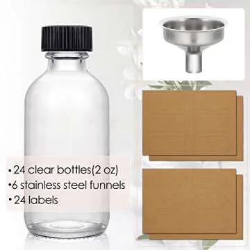 24 Pack, 2 oz Small Clear Glass Bottles w/ Lid & 6 Stainless Steel Funnels - 60ml Boston Sample Bott...