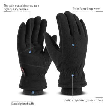 OZERO Winter Gloves for Men Women, Cold Proof Deerskin Suede Leather Warm Thermal Gloves for Driving, Working, Hiking, Skiing - Water Resistant Windproof, Denim-Black Large