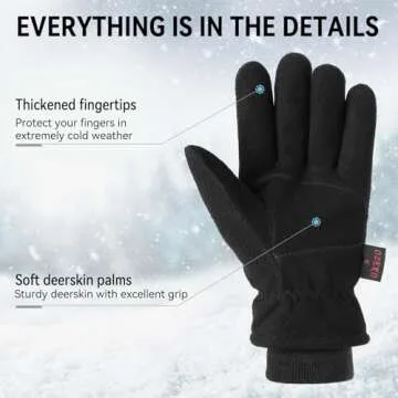 OZERO Winter Gloves for Men Women, Cold Proof Deerskin Suede Leather Warm Thermal Gloves for Driving, Working, Hiking, Skiing - Water Resistant Windproof, Denim-Black Large
