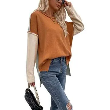 Yizenge Women's Casual Crewneck Color Block Sweater Oversized Loose Knit Pullover Long Sleeve Tunic Tops Blouses Orange