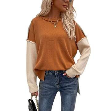 Yizenge Women's Casual Crewneck Color Block Sweater Oversized Loose Knit Pullover Long Sleeve Tunic Tops Blouses Orange