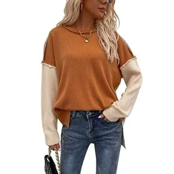 Yizenge Women's Casual Crewneck Color Block Sweater Oversized Loose Knit Pullover Long Sleeve Tunic Tops Blouses Orange