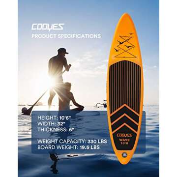 Cooyes Inflatable 10.6’x32’'x6’' (19.4 lbs) Stand Up Paddle Board with SUP Accessories & Backpack, Removable Fin, Ankle Leash, Adjustable Paddle, Hand Pump, Waterproof Phone Case, ISUP for Beginners