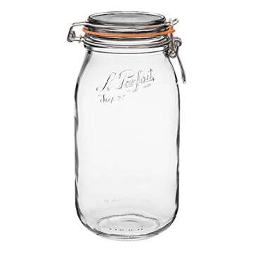 Le Parfait Super Jar, Canning Jar, 2L French Glass Canning Jar w/Round Body, Glass Jar With Airtight Lid, Canning Jar Wide Mouth, Glass Jar With Lid, Clear Jars, Clear Glass Jars (64oz/2 Quarts, 1 pk)