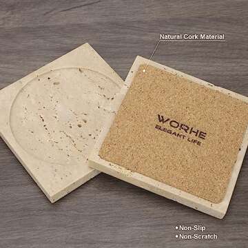 WORHE Marble Coaster for Drinks Absorbent with Cork Base Set of 4 Square Coasters for Coffee Natural...