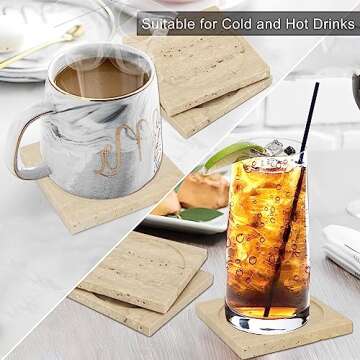 WORHE Marble Coaster for Drinks Absorbent with Cork Base Set of 4 Square Coasters for Coffee Natural Marble Stone for Housewarming Home Decor Tabletop Protection Party Hotel Bar (DL022)