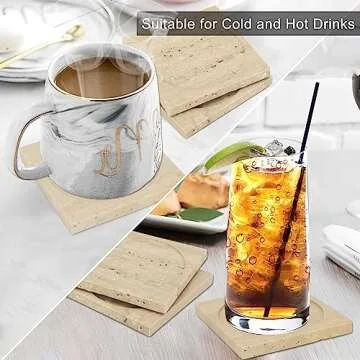 WORHE Marble Coaster for Drinks Absorbent with Cork Base Set of 4 Square Coasters for Coffee Natural Marble Stone for Housewarming Home Decor Tabletop Protection Party Hotel Bar (DL022)