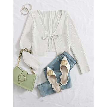 Floerns Women's Tie Front Long Sleeve Rib Knit Shrug Sweaters Cardigan Crop Top White M