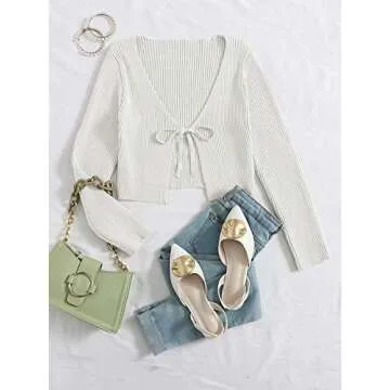 Floerns Women's Tie Front Long Sleeve Rib Knit Shrug Sweaters Cardigan Crop Top White M