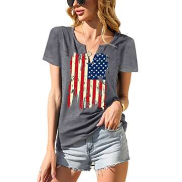 YI XIANG RAN American Flag Shirt Tops Womens 4th of July T-Shirts Ring Hole Short Sleeve Sexy V-Neck Patriotic Tees (Light Grey, Small)