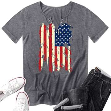 YI XIANG RAN American Flag Shirt Tops Womens 4th of July T-Shirts Ring Hole Short Sleeve Sexy V-Neck Patriotic Tees (Light Grey, Small)