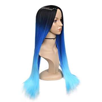 WIGNEE Ombre Straight Wigs Black To Blue 26 Inches Long Straight Synthetic Wig For Women And Ladies Middle Party Cosplay Party Wig Christmas Wig (Ombre Blue)