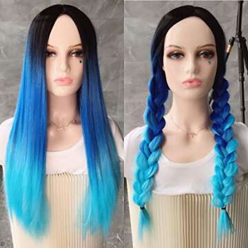 WIGNEE Ombre Straight Wigs Black To Blue 26 Inches Long Straight Synthetic Wig For Women And Ladies Middle Party Cosplay Party Wig Christmas Wig (Ombre Blue)