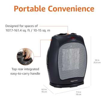 Amazon Basics Oscillating Ceramic Space Heater, Portable Heater for Indoor Use, for Office and Home, With Overheat and Tip-Over Protection, Thermostat, 1500W, Black, 7.52"D x 6.34"W x 9.45"H