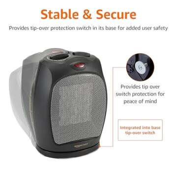 Amazon Basics Oscillating Ceramic Space Heater, Portable Heater for Indoor Use, for Office and Home, With Overheat and Tip-Over Protection, Thermostat, 1500W, Black, 7.52"D x 6.34"W x 9.45"H