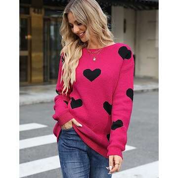 Drvitor Women’s Cute Heart Pattern Pullover Sweater for Casual Wear (Rose&Black, Small)