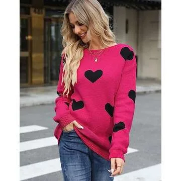 Drvitor Women’s Cute Heart Pattern Pullover Sweater for Casual Wear (Rose&Black, Small)