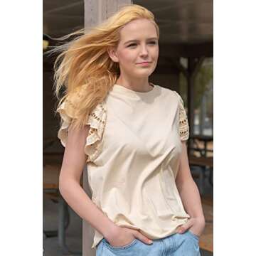 Zenlonr Women Summer Crewneck Bell Sleeves Tops 2024 Casual Solid Crochet T Shirts Hollow Out Sleeves Loose Fit Blouses(Solid Champagne,Medium)