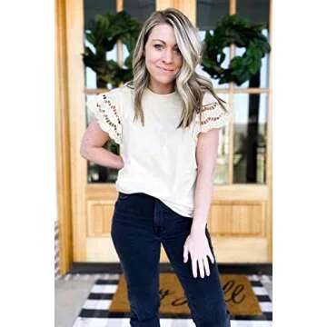 Zenlonr Women Summer Crewneck Bell Sleeves Tops 2024 Casual Solid Crochet T Shirts Hollow Out Sleeves Loose Fit Blouses(Solid Champagne,Medium)