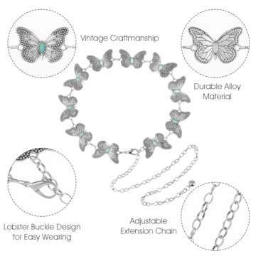 Amaxiu Butterfly Metal Waist Chain Belt, Women Western Belt Adjustable Link Belt Turquoise Waist Belt for Dress Jeans(Silver)